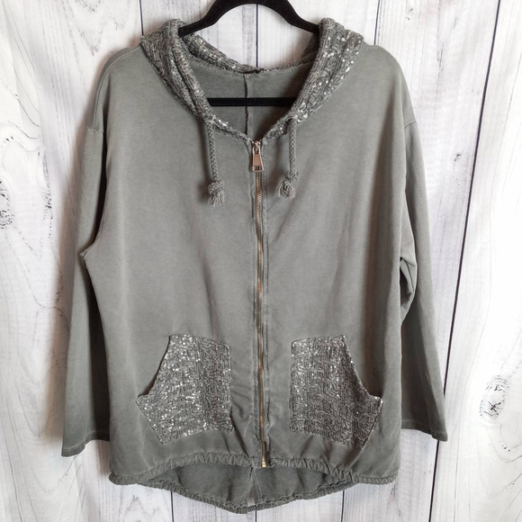 New Collection Tops - New Collection | Gray Vintage Wash Mixed Media BLING Full-Zip Hoodie